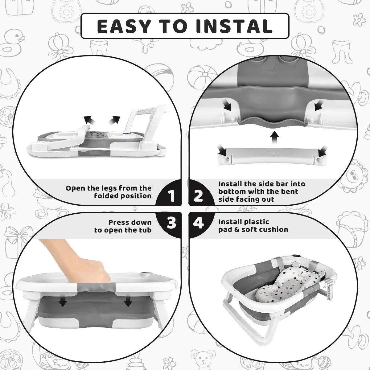 Baby BathTub with Bath Cushion, Portable and foldable, real-time temperature sensor, with a drainage hole
