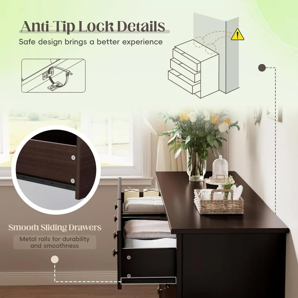 Dresser for Bedroom, 6 Wood Dresser Drawers, Wide Chest of Drawers, Storage Tower Unit Modern Design Bedroom Living Room