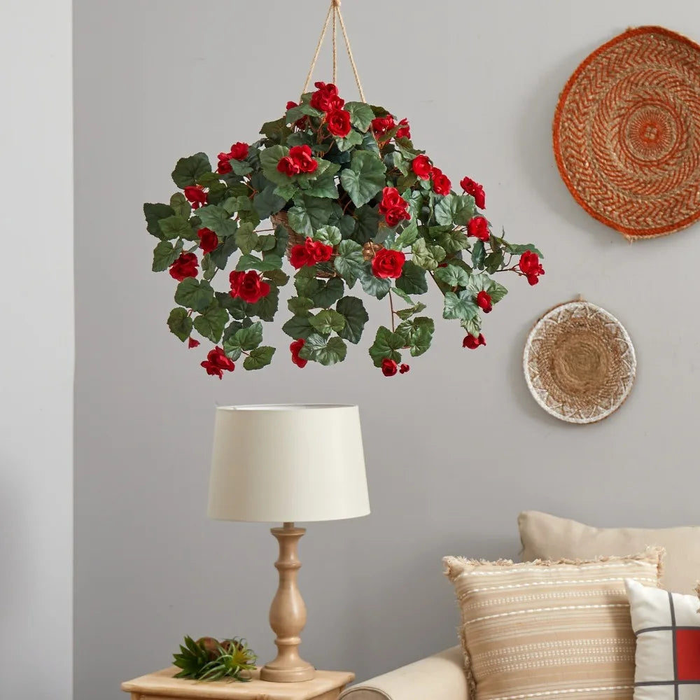 24” Begonia Flower Artificial Plant in Hanging Basket Home Decor.
