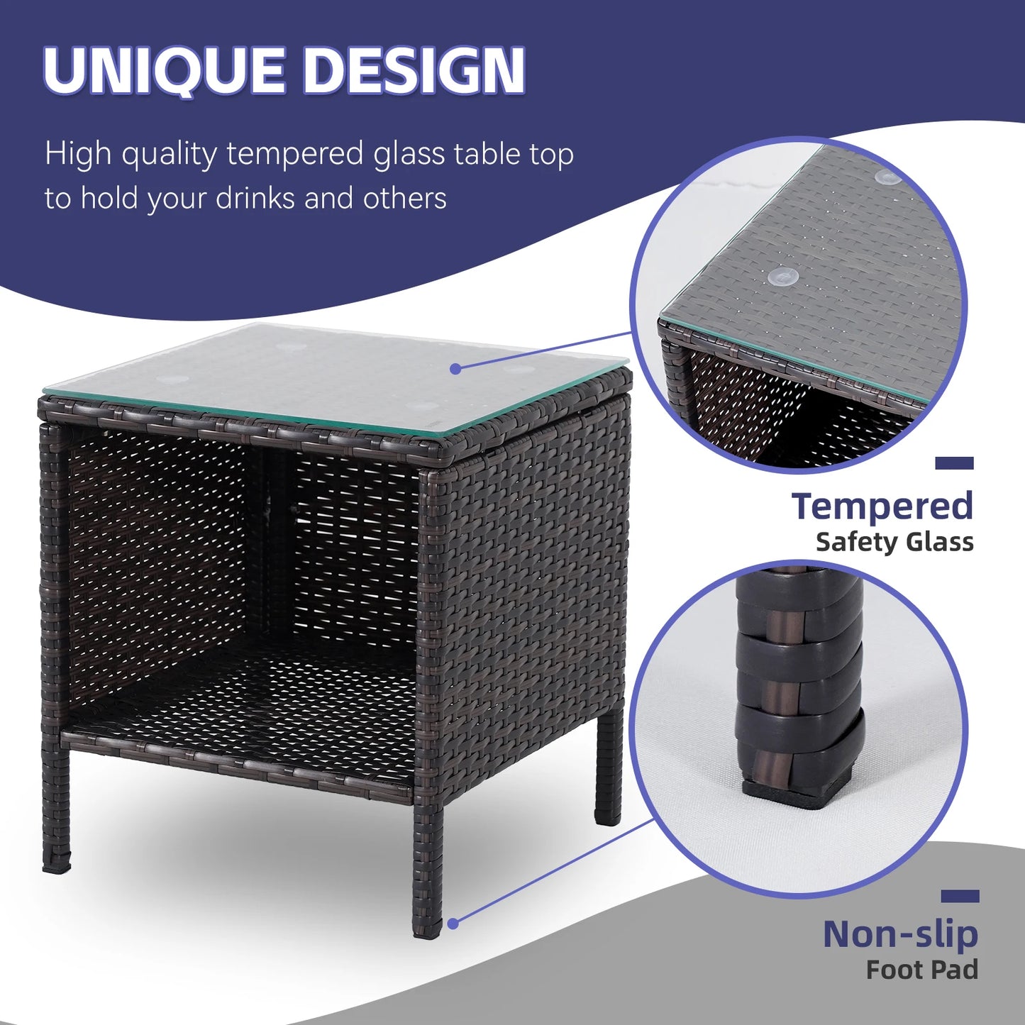 3-Piece Bistro Set Outdoor Patio Furniture Rattan Chairs Table Soft Cmats Tempered Glass Durable Comfortable Garden