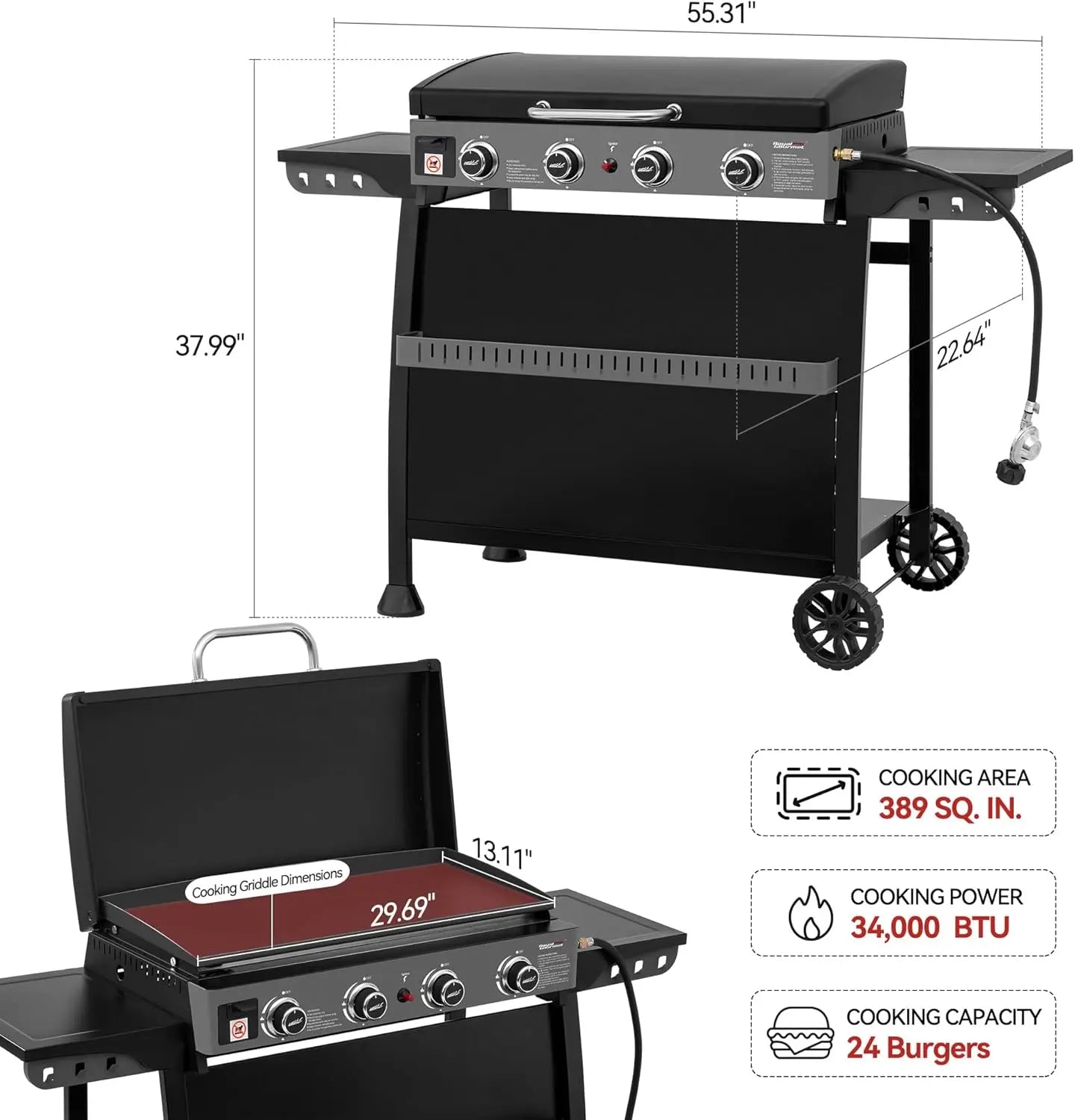4 Burner Propane Gas Griddle with Removable Cart and Convertible Tabletop Design, Flat Top Grill with Hood for Camping, Tailgating, Backyard Use, Black