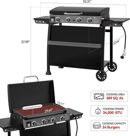 4 Burner Propane Gas Griddle with Removable Cart and Convertible Tabletop Design, Flat Top Grill with Hood for Camping, Tailgating, Backyard Use, Black