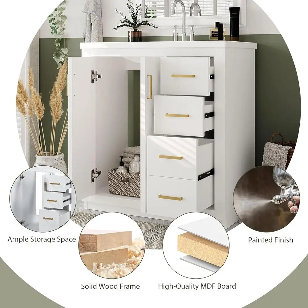 30" Bathroom Vanity with Sink, Freestanding Single Sink Modern Bathroom Vanity Storage Cabinet with 2 Doors & 3 Drawers, Elegant