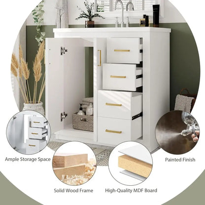 30" Bathroom Vanity with Sink, Freestanding Single Sink Modern Bathroom Vanity Storage Cabinet with 2 Doors & 3 Drawers, Elegant