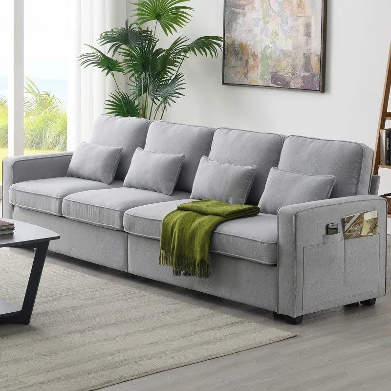 grey 104"4-Seater Modern Linen Fabric Sofa with 4 Pillows,Armrest Pockets,Minimalist Style Couch for Apartment,Living Room