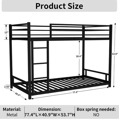 Heavy Duty Twin Bunk Bed Frame with 3-Step Ladder, Low Profile Metal Bed 54" Height, Space Saving Bunkbed with Guardrails, 400 LBS Capacity, Black