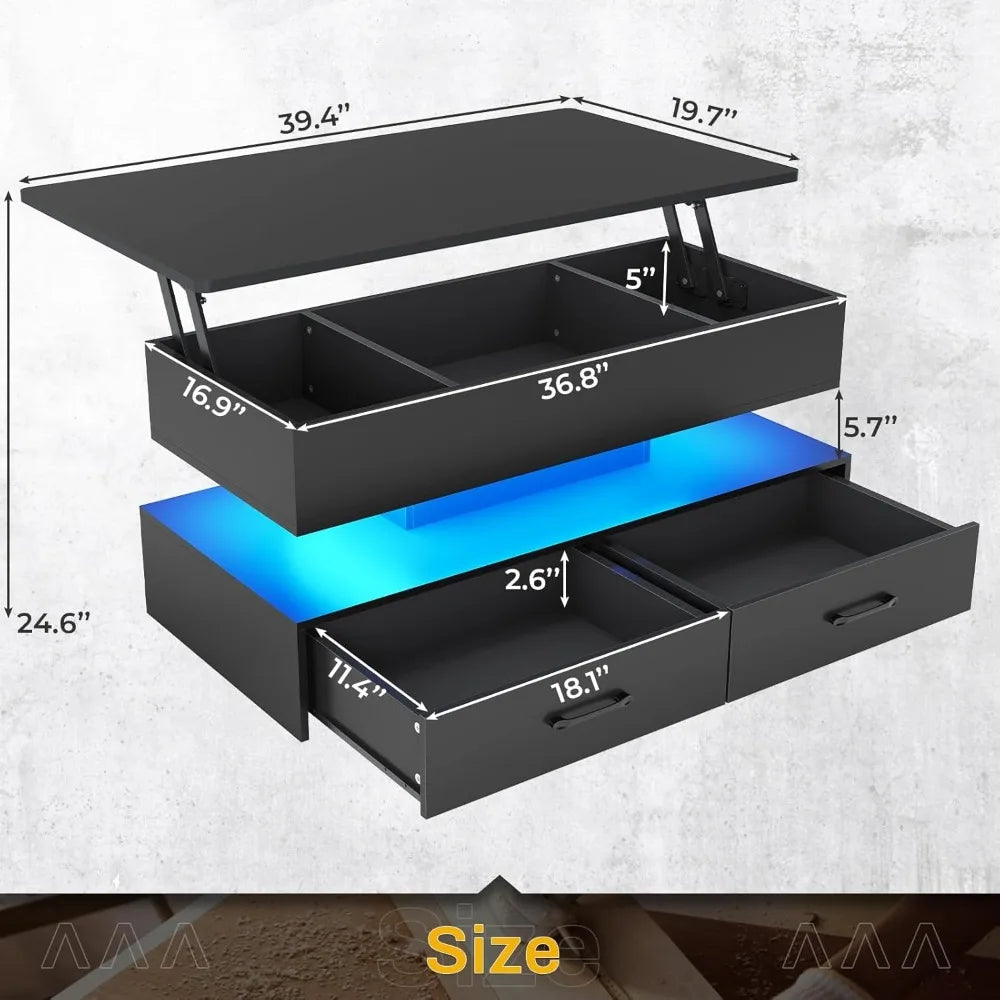40" Lift Top Coffee Table with Storage ,2 Drawers & LED Light for Dining