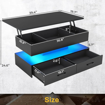 40" Lift Top Coffee Table with Storage ,2 Drawers & LED Light for Dining