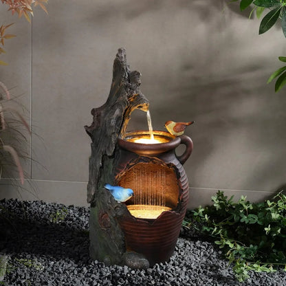 LuxenHome 30 Inch Tall Outdoor Water Fountain, Rustic Pot and Tree Trunk Cascading Waterfall Fountain Outdoor and Indoor with LE