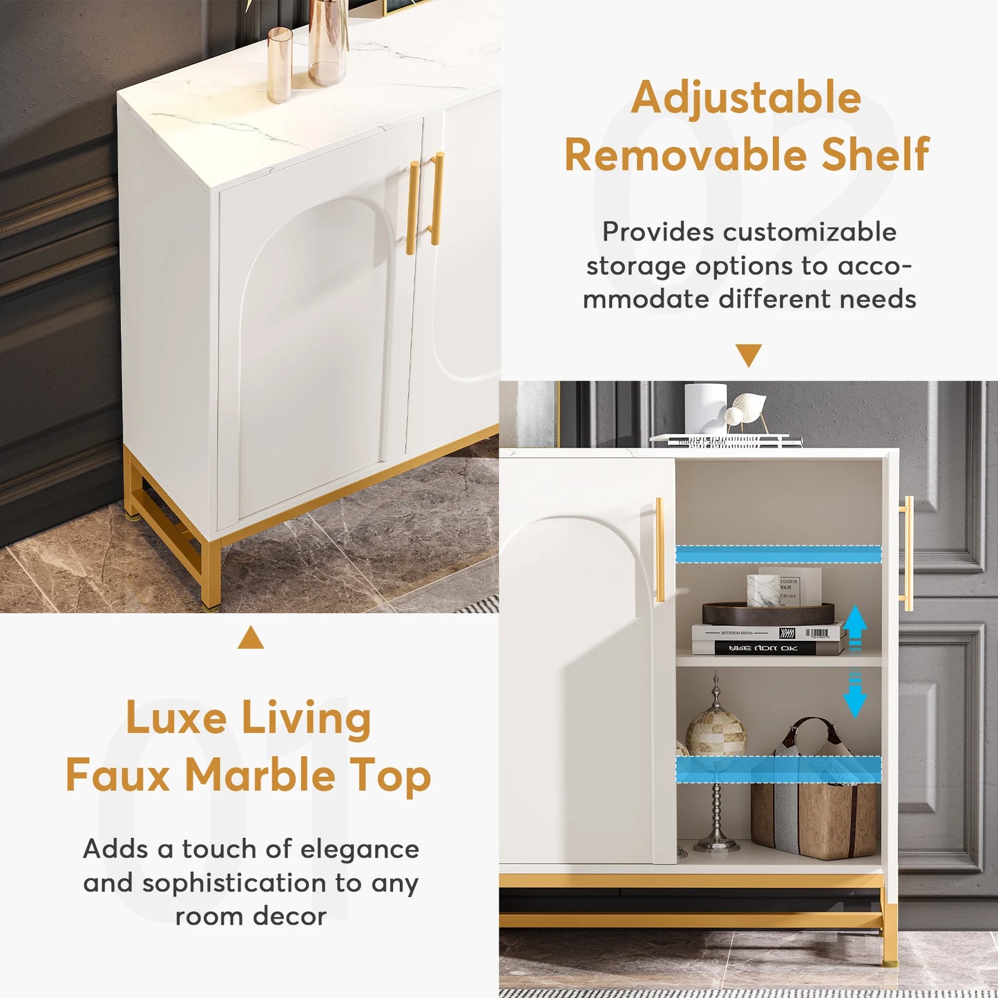 Modern Sideboards, Buffet Cabinet with 4 Doors and Adjustable Shelves (White)