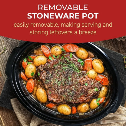8.5Qt Stainless Steel Slow Cooker with Oval Stoneware Pot Tempered Glass Lid