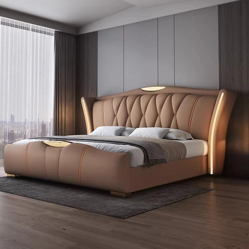 Leather bed with light modern minimalist lit 150x200 180x200 200x220 cm Double bed 2 people bedroom beds frames Furniture