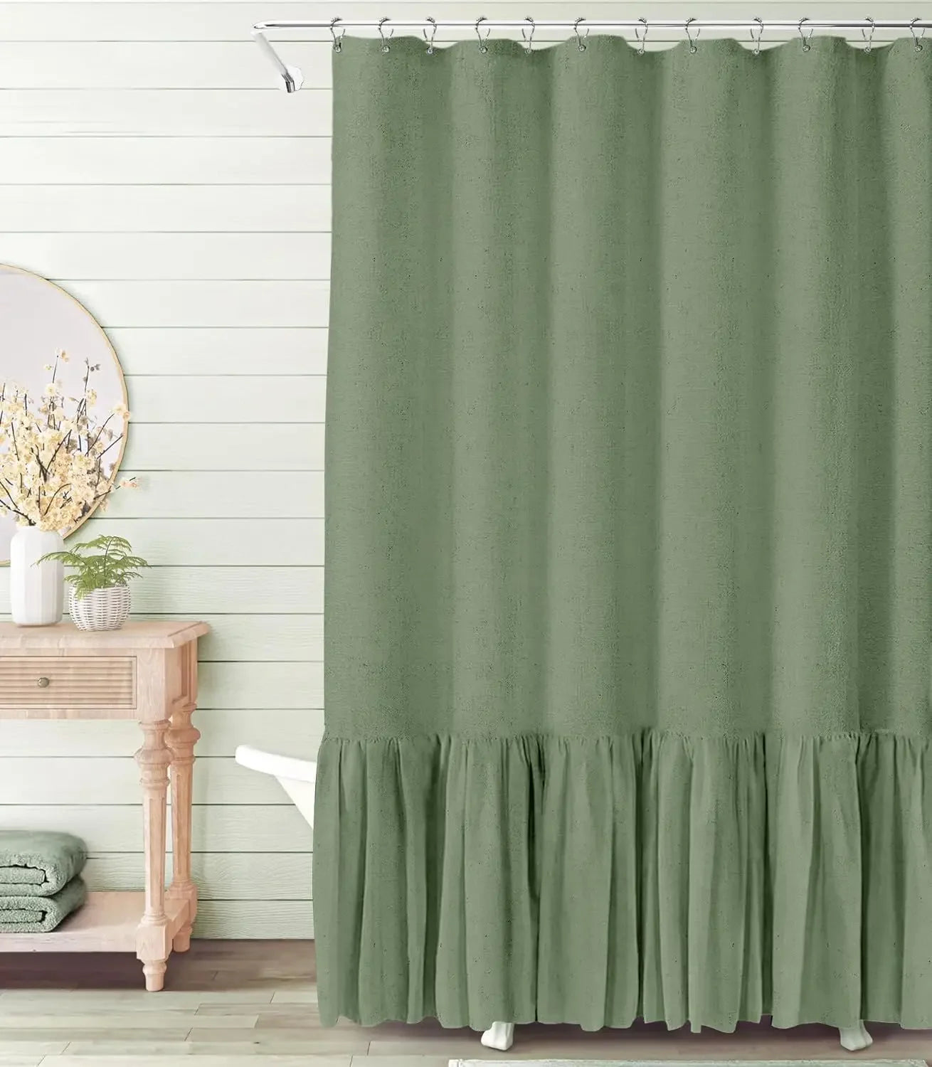 Cotton Linen Plain Shower Curtain with 12 Hooks Waterproof Floral Falbala Ruffle Edge Frill Scalloped Hem Decor Bathroom