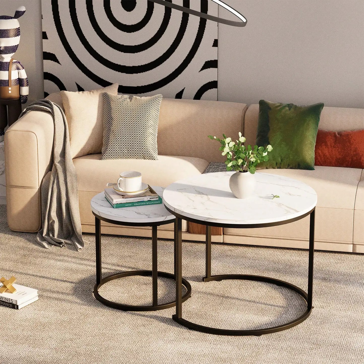 Round Nesting Coffee Table  Set of 2 End Tables for Living Room Bedroom Balcony