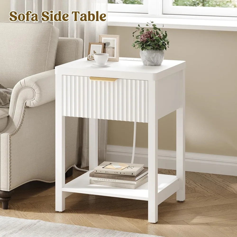 Modern White Nightstand with Charging Station, Fluted Bedside Table with Drawer, Wood End Table for Bedroom, Space Saving