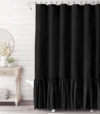 Cotton Linen Plain Shower Curtain with 12 Hooks Waterproof Floral Falbala Ruffle Edge Frill Scalloped Hem Decor Bathroom