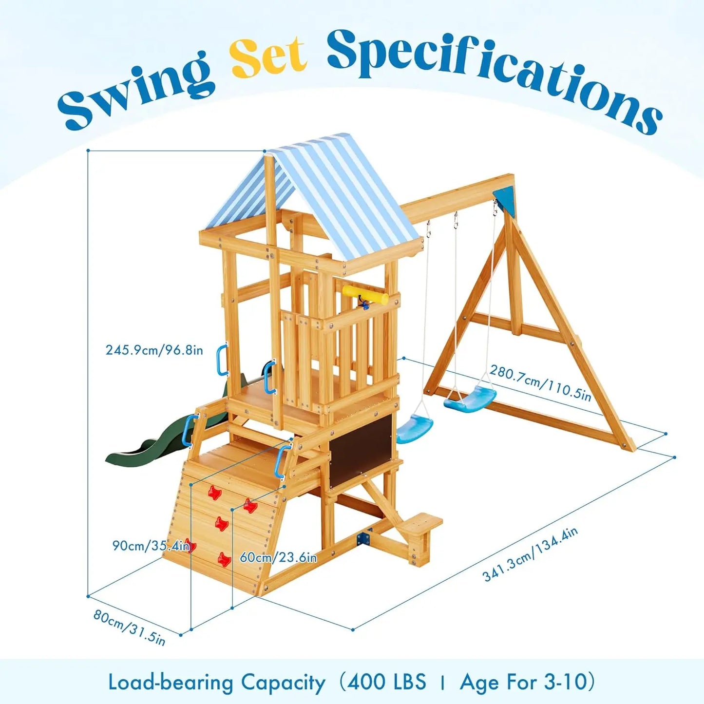 Wooden Swing Set with Dual Swings Slide Rock Climbing Wall Chalkboard Telescope Fort for Backyard Fun for Kids