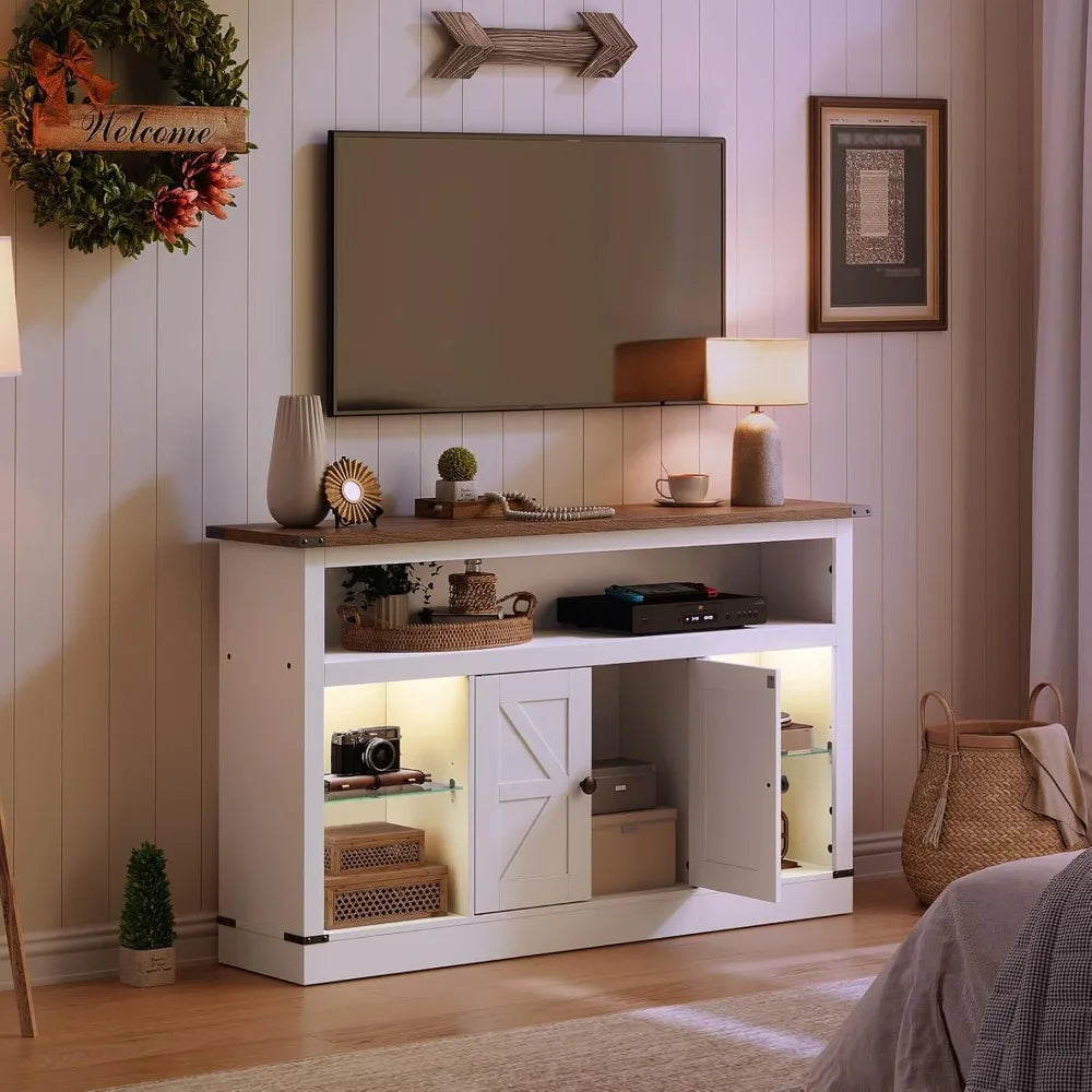 Farmhouse TV Stand for 55 Inch, Entertainment Center with Sensor LED Light, Media TV Console Table with Storage Cabinet and Glas