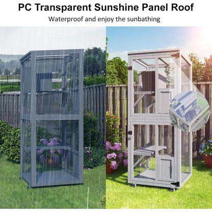 Large Outdoor Cat Enclosure, 4 Tiers Cat Catio with Wheels, Resting Box, Sunshine Panel Waterproof Roof