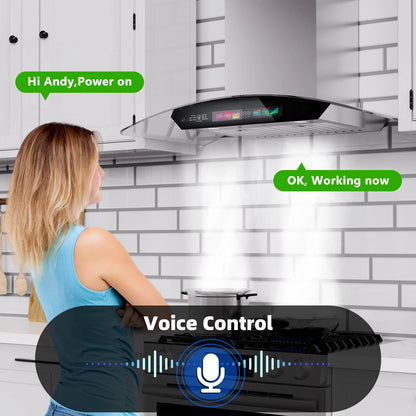 30/36 inch Wall Mount Range Hood Tempered Glass 900 CFM, Voice/Gesture/Touch Control, Stainless Steel Kitchen Hood Vent