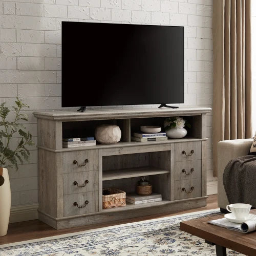 Traditional TV Media Stand Console for TV Up to 65" with Open and Closed Storage Space, Light Gray, 60"W*15.75"D*34.25"H  ﻿