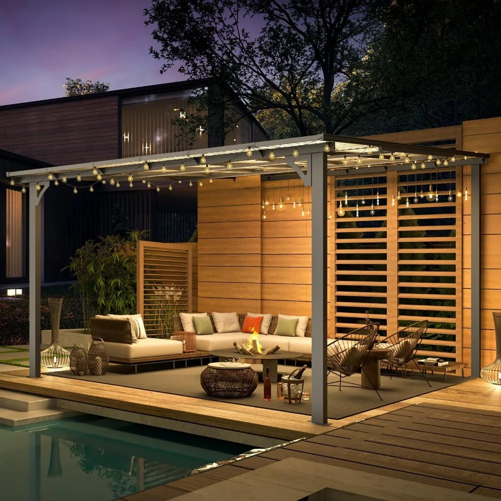 12' x 12' Gazebo Outdoor Pergola for Patio, Large Wall-Mounted Hard Top Lean to Metal Gazebo Shelter Pergolas