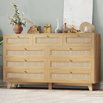 9 Drawer Modern Wooden/ Rattan Dresser for Bedroom