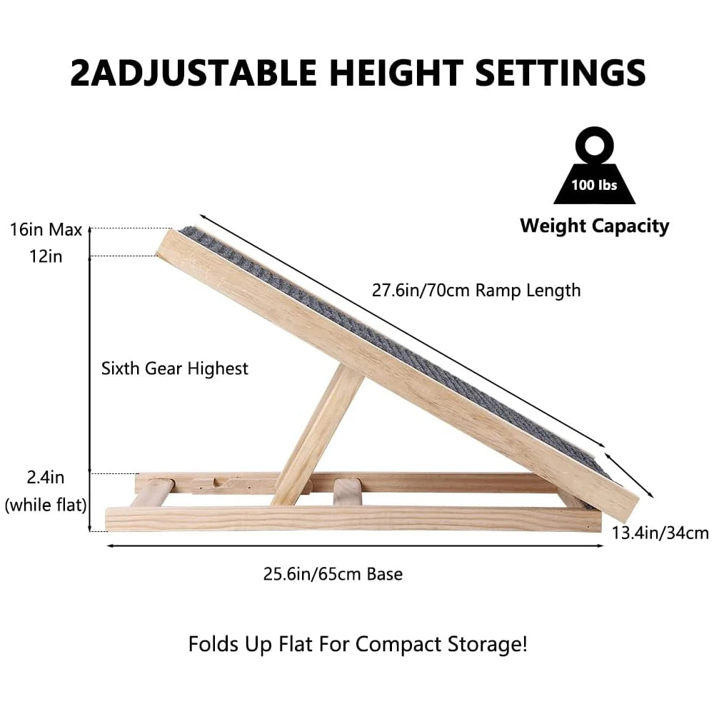 Pet Dog Ramp Wooden Portable Folding Pet Ramp for Dogs and Cats 27.5" Long Adjustable from 12” to 16” Up to 110Lbs Dog Ramps