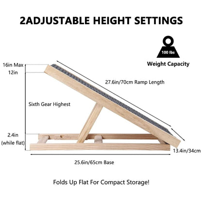 Pet Dog Ramp Wooden Portable Folding Pet Ramp for Dogs and Cats 27.5" Long Adjustable from 12” to 16” Up to 110Lbs Dog Ramps