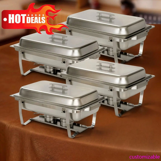4 Pack 9.5QT Chafing Dish Full Set – Stainless Steel Catering Chafer with Lids, Pans & Fuel Holders – Buffet Food Warmers