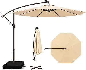10 Foot Cantilever Patio Umbrella with Solar LED Lights, Tilt and Crank Operation, and Included Base
