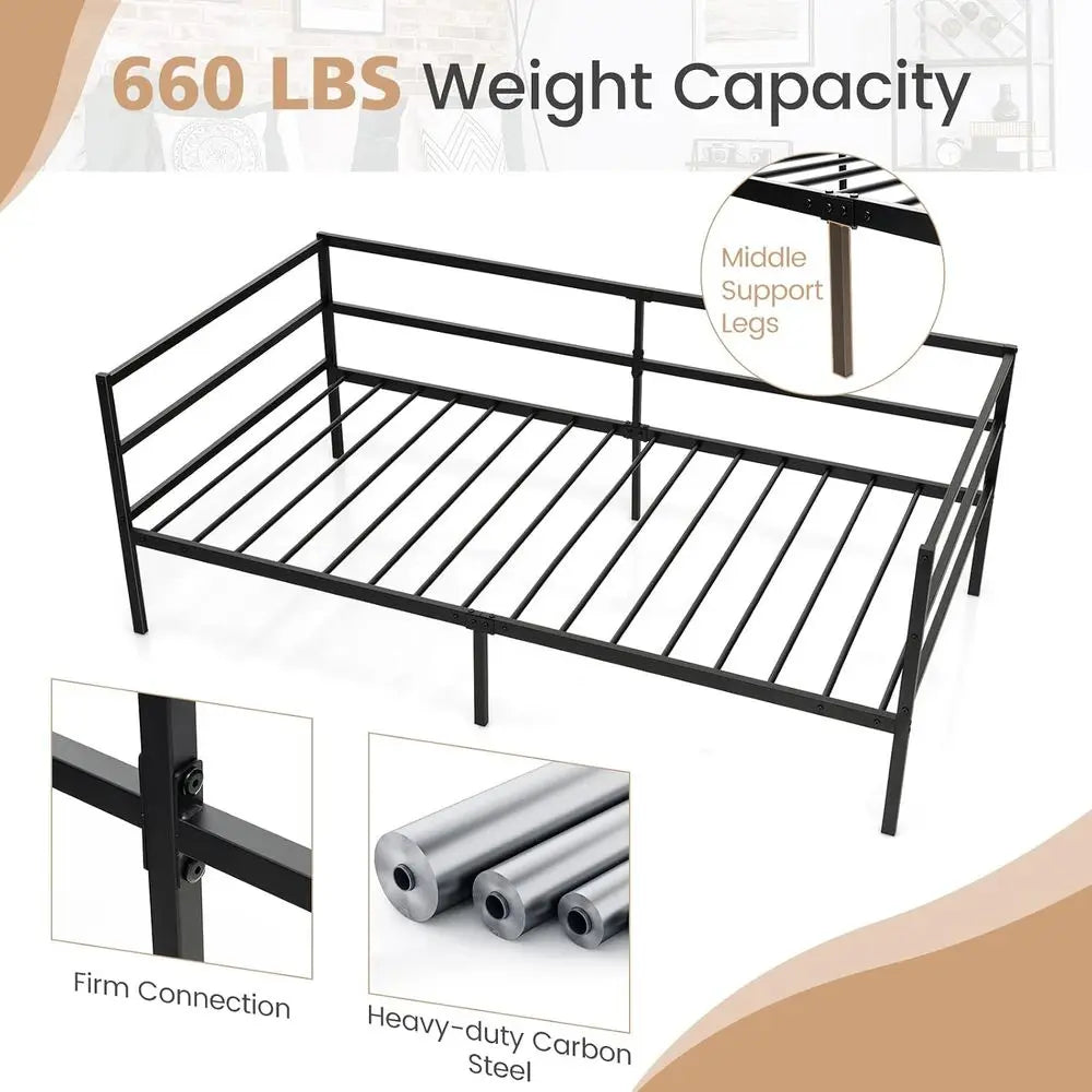 Metal Twin Daybed e, Day Bed with Metal Slat Support & 3-Sided Guardrails, 2-in-1 Space-Saving Soa Bed or Living Room Gt Room, N