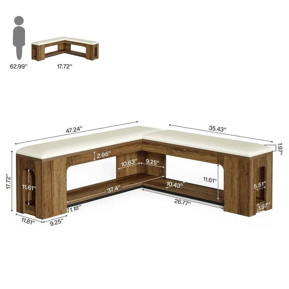 L Shaped Corner Bench, 47.24 Farmhouse Breakfast Nook Bench with Removable Seat Cushion, Corner Bench for Kitchen, Dining Room,