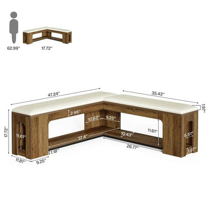 L Shaped Corner Bench, 47.24 Farmhouse Breakfast Nook Bench with Removable Seat Cushion, Corner Bench for Kitchen, Dining Room,