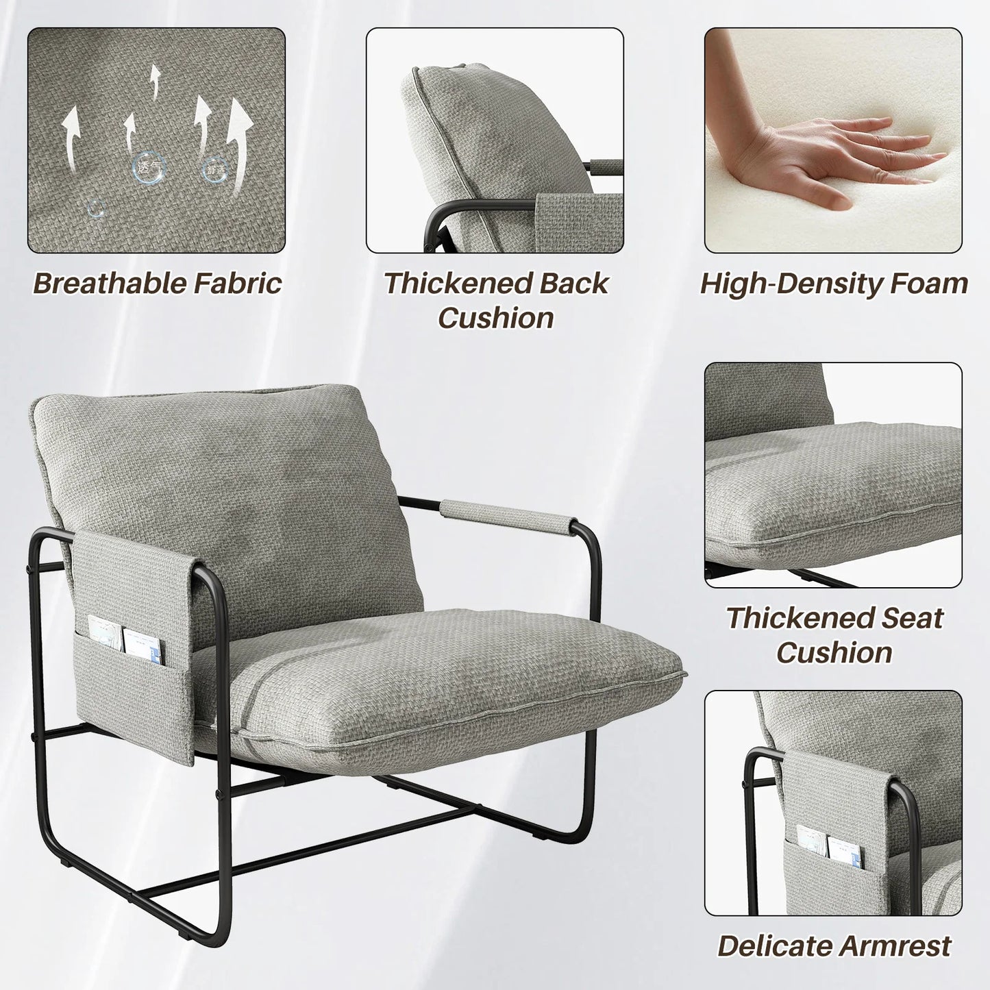 Sling Accent Chair Set of 2, Metal Framed Armchair with Removable Storage Bag, Upholstered Living Room Chairs