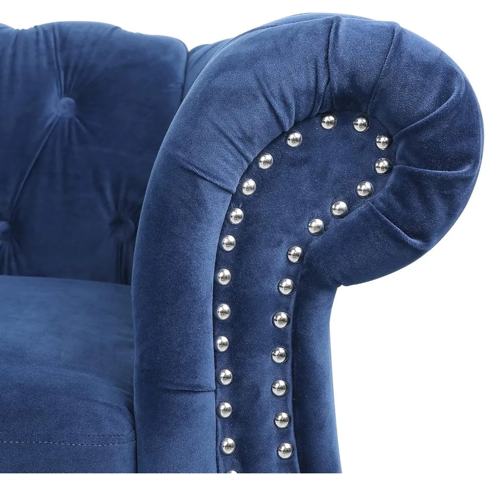 Modern 84 Velvet Chesterfield Sofa with Tufted Design, Scroll Arms, and Wooden Legs for Living Spaces (Blue)