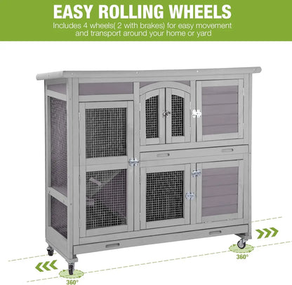 Rabbit Hutch Indoor Outdoor Bunny House Guinea Pig Cage on Wheel with Plastic Tray