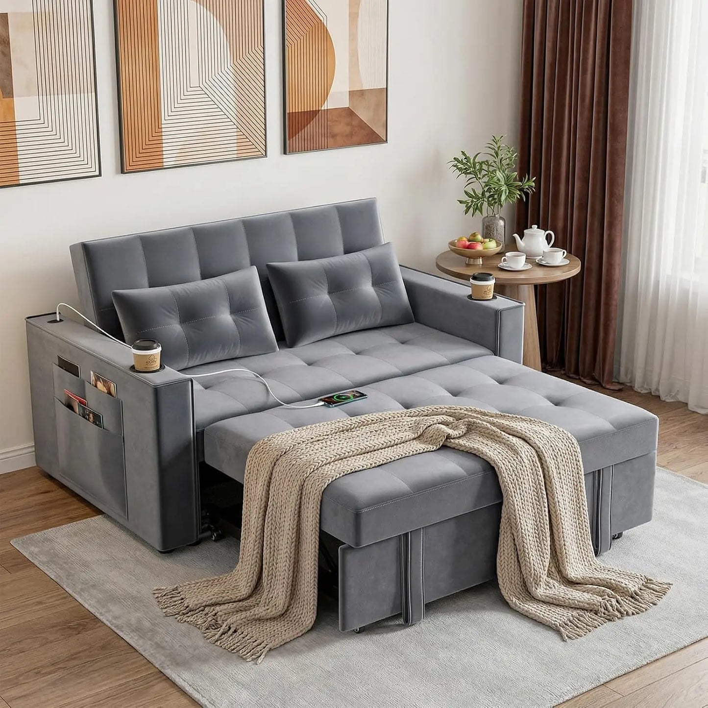 Pull Out Couch Bed, 3-in-1 Velvet Convertible Loveseat Sleeper Sofa for Small Space (Light Gray) | Adjustable, Customized