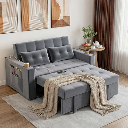 Pull Out Couch Bed, 3-in-1 Velvet Convertible Loveseat Sleeper Sofa for Small Space (Light Gray) | Adjustable, Customized
