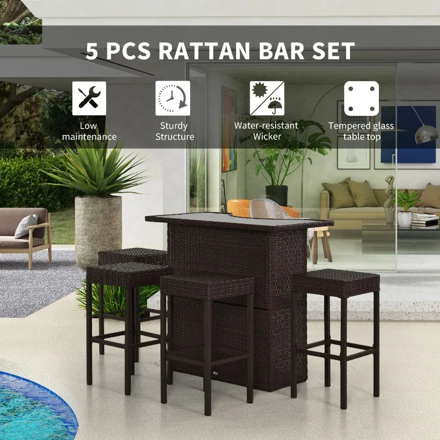 5Piece Rattan Wicker Bar Set with Glass Top Table 2 Tier Storage Shelf and 4 Bar Stools for Outdoor Patio Garden Brown