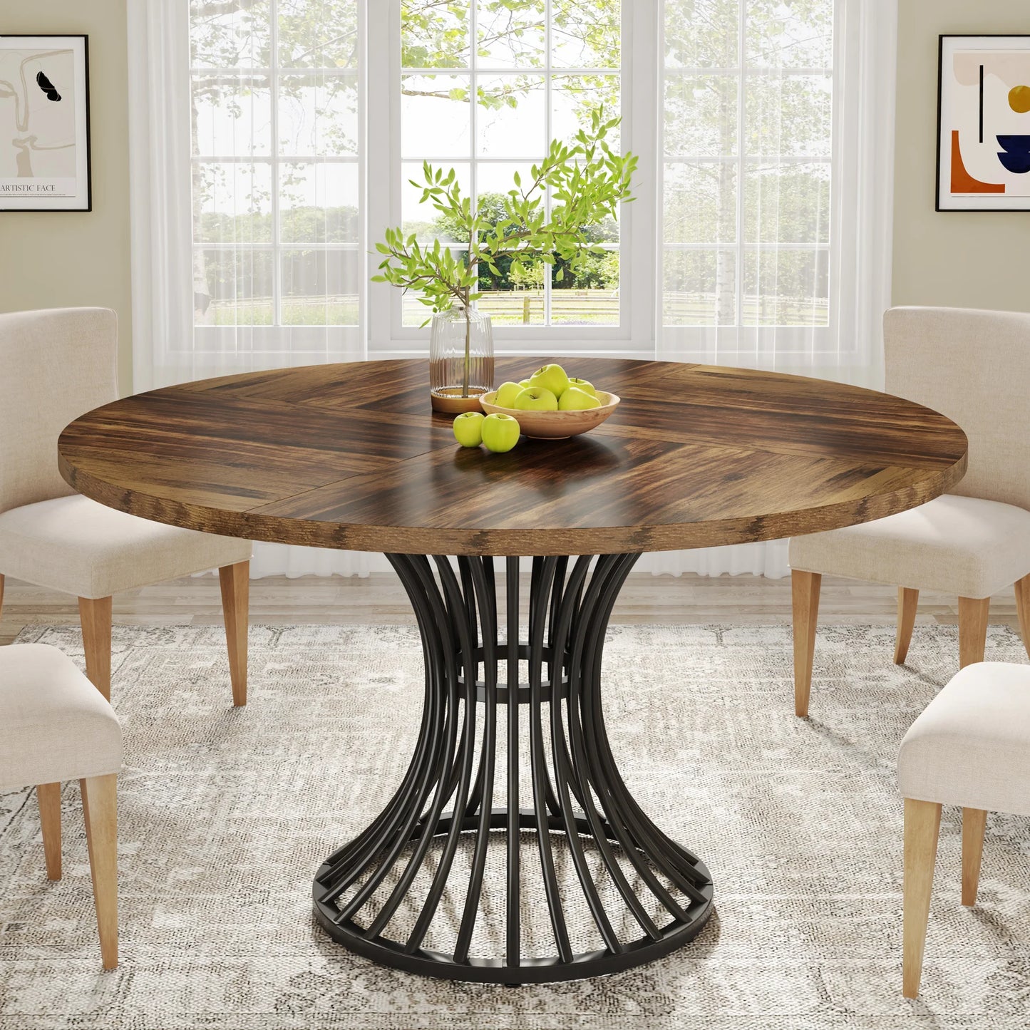 Tribesigns 47" Round Dining Table for 4 People, Farmhouse Kitchen Table with Wooden Texture Surface & Pedestal Base, Round Table