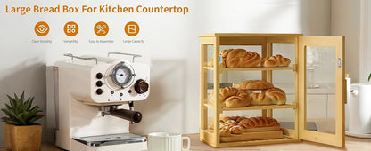Bread Box,Pastry Display Case for  Kitchen Counter, Wooden Large Capacity Bread and fruit Storage Bin