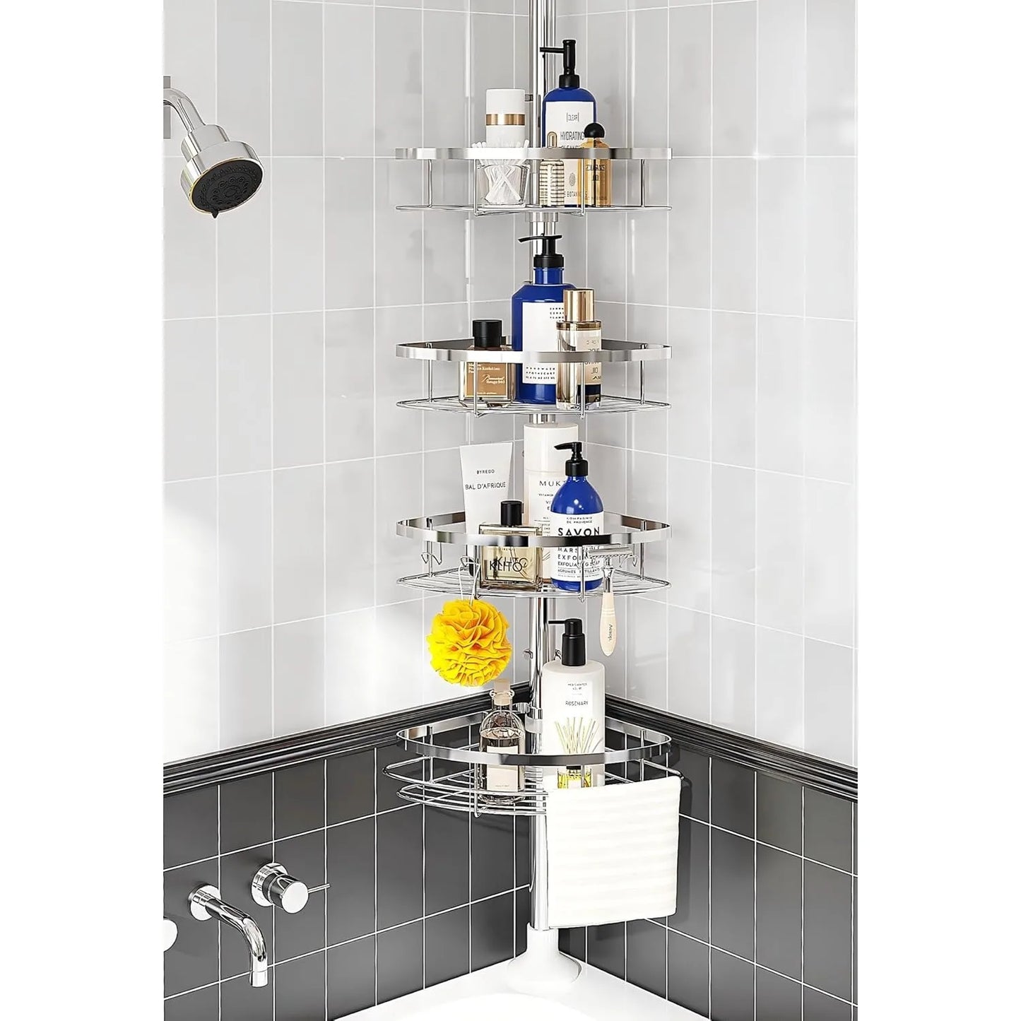 Rustproof Shower Corner Caddy Organizer for Bathroom 4 Adjustable Shelves with Tension Pole  for Bathtub Shampoo Accessories