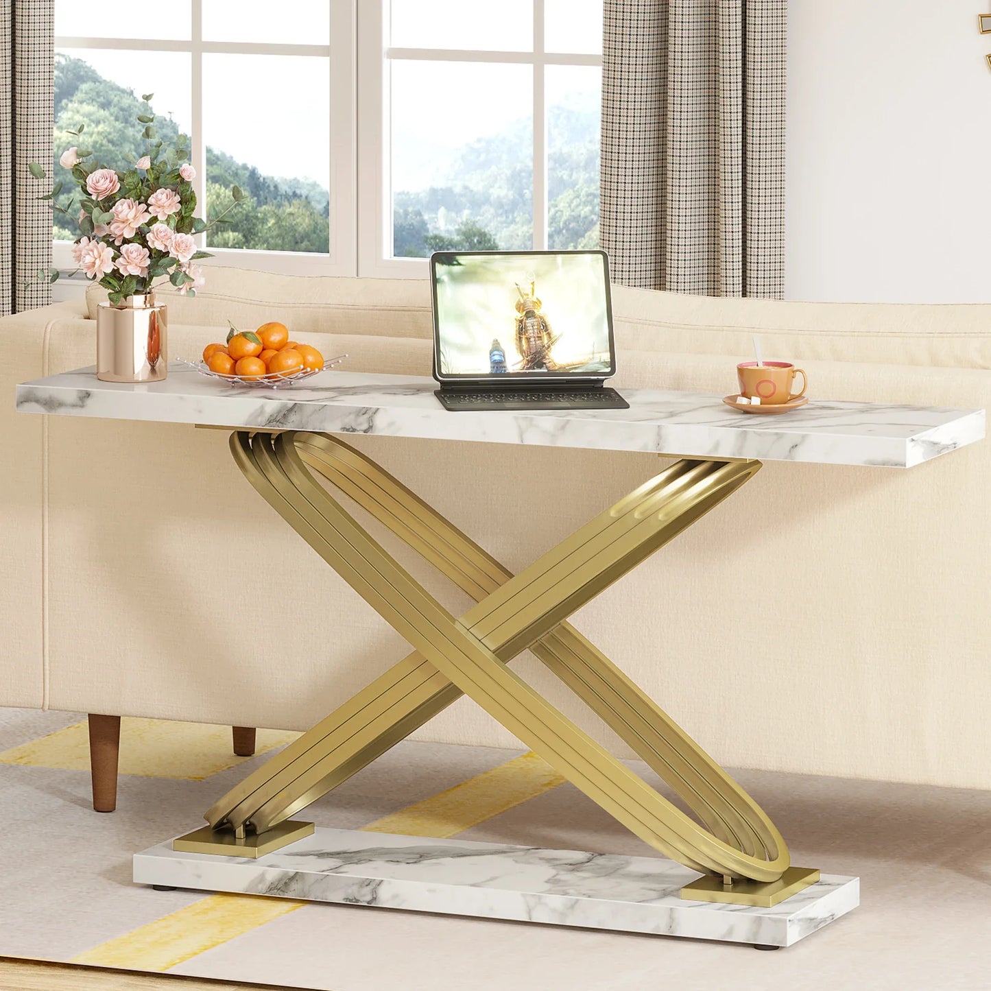 55 Inch Modern Console Table, Faux Marble Gold Entryway Table Behind Sofa Couch, Narrow Rectangular Sofa Table