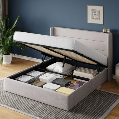 Lift Up Storage Bed with Wingback Headboard/Heavy-Duty Hydraulic Bed/Large Underneath Storage Allewie