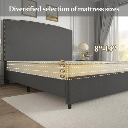 Full Size Upholstered Platform Bed Frame with 56" Headboard, Soft Boucle Fabric, Mid-Century Modern Design, No Box Spring Requir