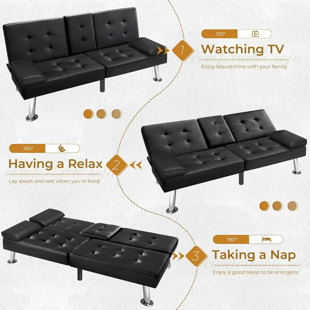 Futon Sofa Bed Modern Faux Leather Couch Bed Convertible Folding Recliner for Living Room with 2 Cup Holders and Armrest