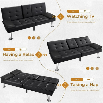 Futon Sofa Bed Modern Faux Leather Couch Bed Convertible Folding Recliner for Living Room with 2 Cup Holders and Armrest