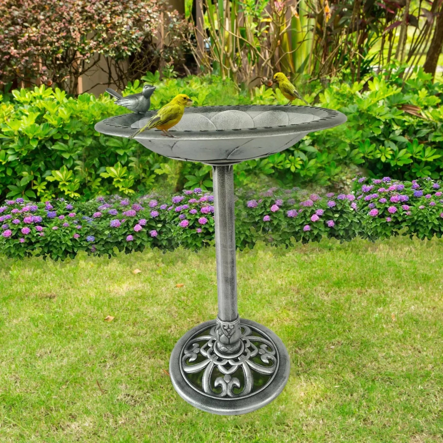 29 Inch Polyresin Lightweight Outdoor Garden Bird Bath - Silver
