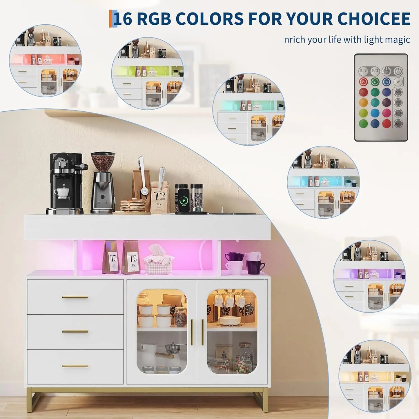 LED Buffet Cabinet with Charging Station, Smart Bar Cabinet with 20-Color Auto RGB Light, Coffee Bar Cabinet with Drawer/Hutch,